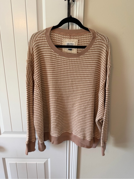 American Eagle Outfitters Sweaters - AE Oversized Beige Waffle-Knit Crewneck Sweater